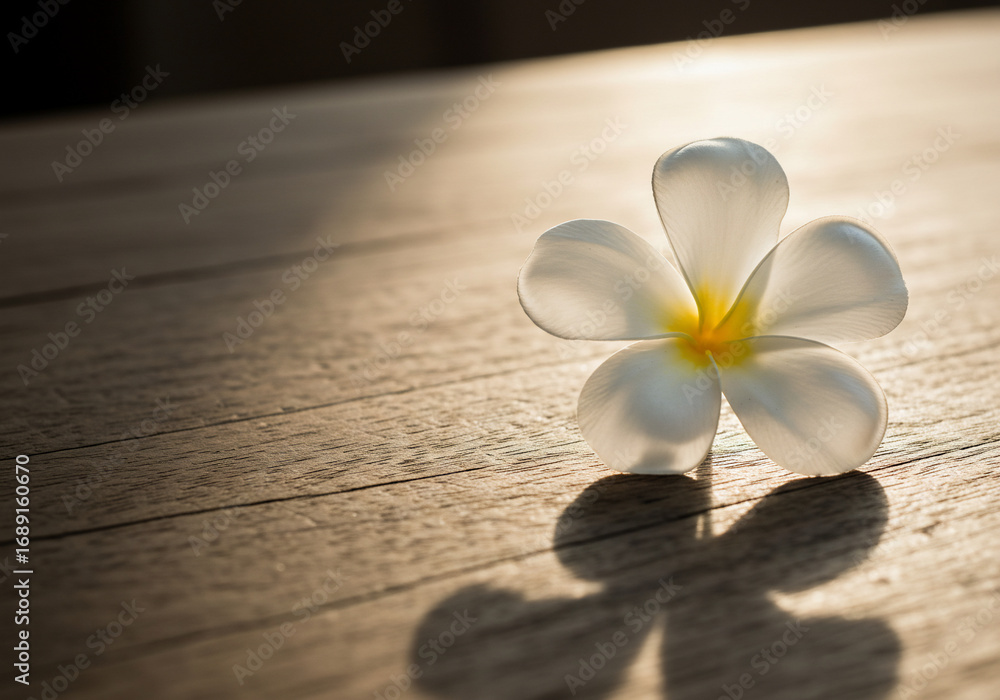 A single white plumeria flower with a yellow center rests on a textured wooden surface, casting a shadow. A single white plumeria flower with a yellow center rests on a textured wooden surface, casting a shadow.