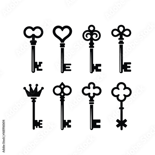 Collection of ornate vintage keys with decorative tops and silhouettes