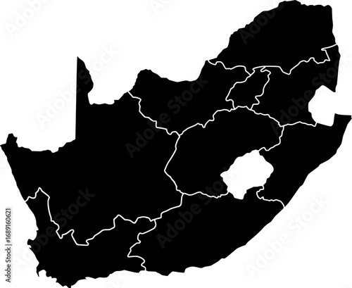 A clean, minimalist vector map of South Africa in a solid black color with all regional borders. Ideal for professional and elegant presentations, reports, and data visualization.