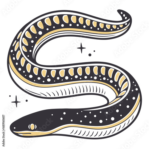 Black and gold eel swimming with shimmering stars in a whimsical style  