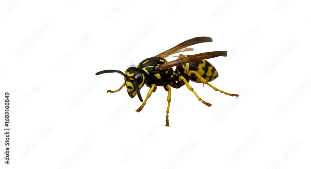 Naklejka premium A striking wasp poised for flight its vivid yellow and black markings a warning in the darkness captured with sharp