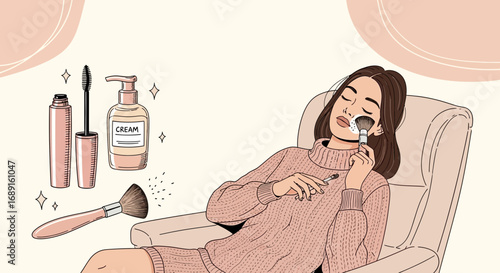 Illustration of a woman applying makeup in a relaxed pose with various beauty products visible