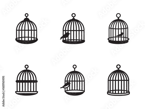 Vector Illustration of Black Birdcages and Birds for Graphic Design Projects Promoting Freedom and Imprisonment Concepts in Various Settings