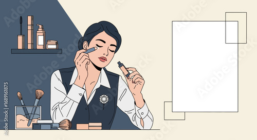 Elegant beauty routine: a woman applying makeup in a minimalist, modern style design