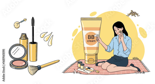 Illustration showcasing beauty and personal care with makeup application and cosmetic products