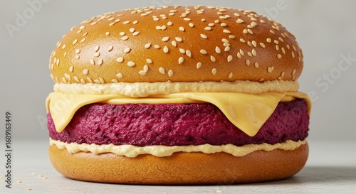 Closeup of a burger with a sesame seed bun cheese sauce and a patty