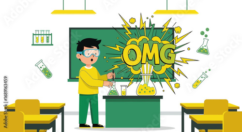 Excited student experimenting with chemicals in classroom with unexpected results illustration