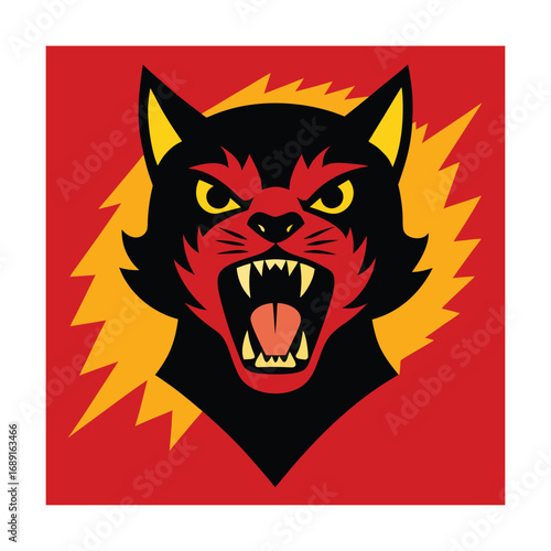 Fierce Black Cat Head Roaring with Jagged Yellow Lightning Keywords: cat, black cat, roaring