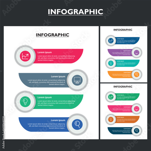 A professional infographic template with four horizontal, rounded sections. Each section includes an icon and text, perfect for presenting a step-by-step process or a list of services and features.