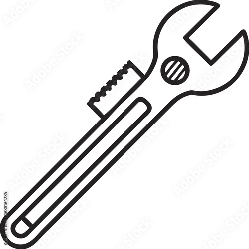 Simple line drawing illustration of an adjustable wrench tool on a white background