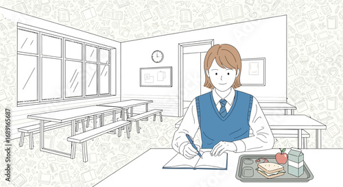 Illustration of a focused student in a school cafeteria doing homework at lunch