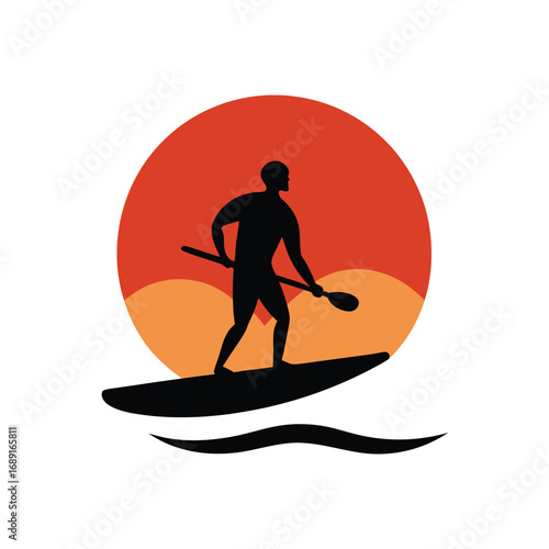 Silhouette of man paddleboarding at sunset stand up paddleboarding