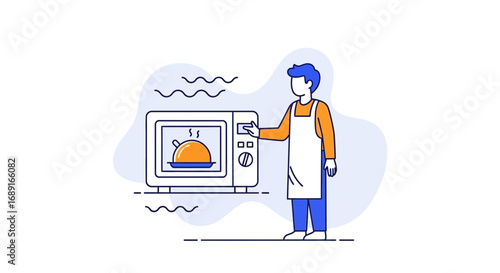 Illustration of a person cooking with a microwave oven in modern outline style