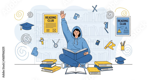 Illustration of a student raising their hand in a reading club environment with books around