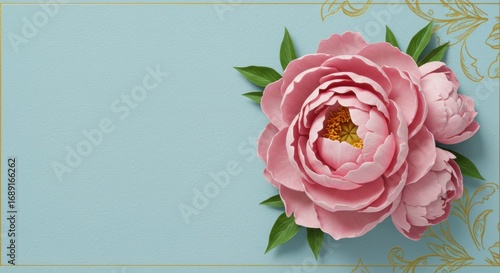 Pink peony flower illustration on blue background with gold accents  