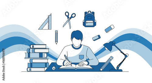 Illustration of a student studying with school supplies in a vibrant blue and white color scheme