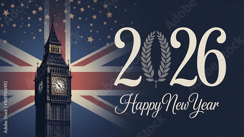 Elegant 2026 new year design showcasing big ben and the union jack, complemented by sparkling stars and the warm wish happy new year, creating a sophisticated and patriotic ambiance for the year ahead