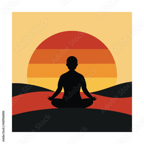 Silhouette of person meditating at sunset in desert landscape