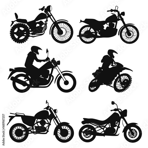 Collection of diverse motorcycle silhouettes including choppers cruisers dirt bikes and riders in helmets showcasing different styles and poses on a clean white background