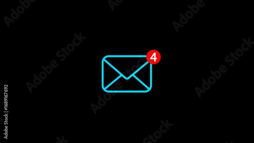 Incoming 4 Message notification alert animation on transparent background. envelope icon on black screen. message, incoming mail, Sending mail sign, Email notification symbol, new email notification.