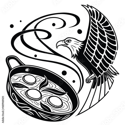 Abstract black and white frying egg pattern with subtle color accents for culinary design