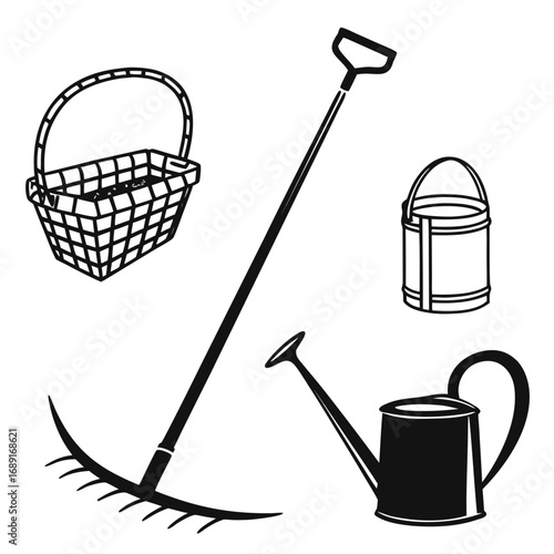 A collection of essential gardening tools including a rake watering can basket and bucket depicted in a clean black and white graphic style for agricultural and horticultural concepts