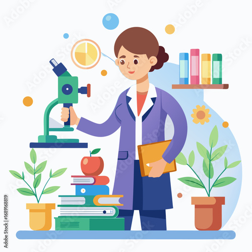 Teacher demonstrating biology with microscope flat design