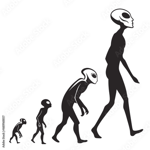 Alien evolution progression showing stages of development from primitive to advanced extraterrestrial beings walking forward on a white background