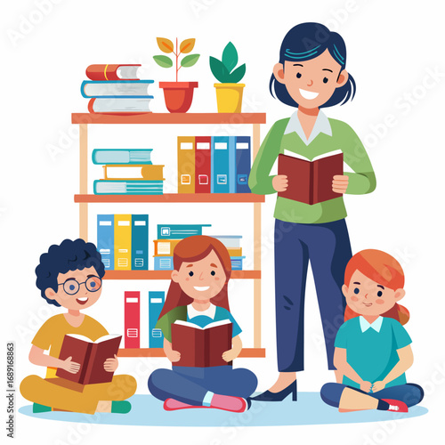 Classroom library scene with teacher and students reading