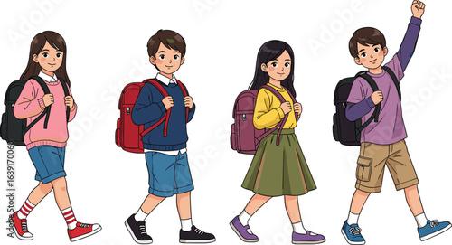 Happy kids walking to school with backpacks, cheerful children, school life, casual clothing, diverse group, student lifestyle, back to school