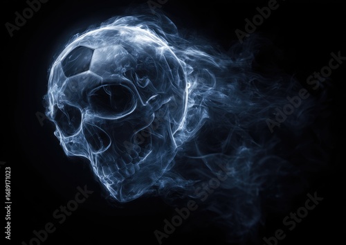 A translucent, smoky skull shaped like a soccer ball, trails wispy smoke against a black background