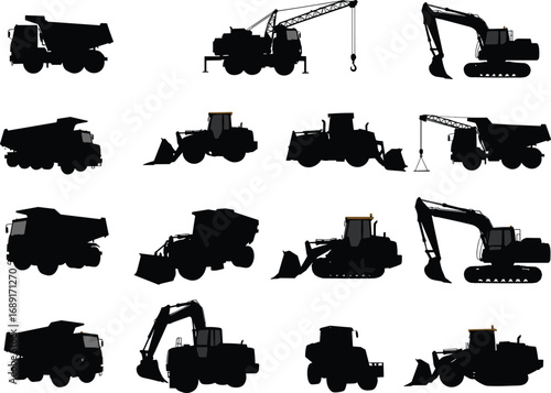 Construction vehicles silhouette collection, excavator, bulldozer, dump truck, crane, loader, tractor, heavy equipment, industrial machinery, earthmoving machines, vector icons, black