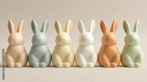 Pastel row of stylized bunnies. Minimalist, smooth, and rounded shapes of Easter bunny decorations in soft peach, blue, yellow, white, brown, and green tones