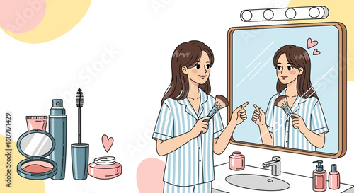 Illustration of a young woman applying makeup in the bathroom with a positive attitude