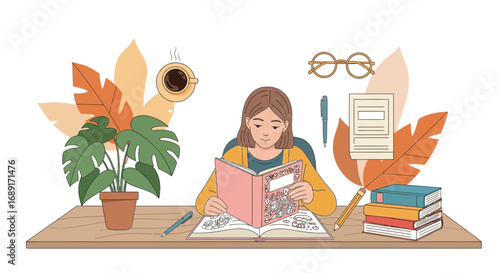 Illustration of a young woman reading a book at her desk surrounded by plants and coffee creating