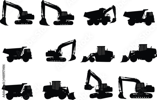 Construction vehicles silhouette set, excavator, bulldozer, dump truck, heavy equipment, industrial machinery, earthmoving machines, construction site icons, black vector silhouettes