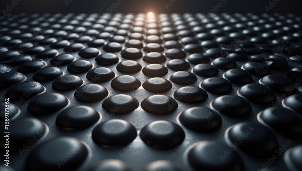 Obraz premium A large number of black circular objects arranged in a grid pattern with a bright light in the background.