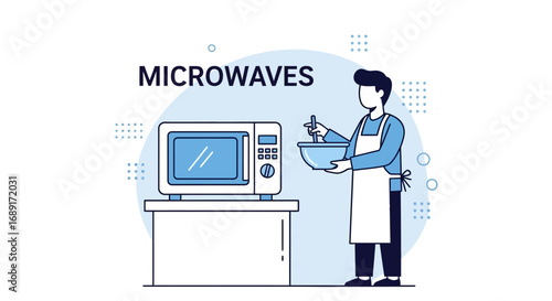 Illustration showcasing microwave cooking with a chef preparing food easily and conveniently in