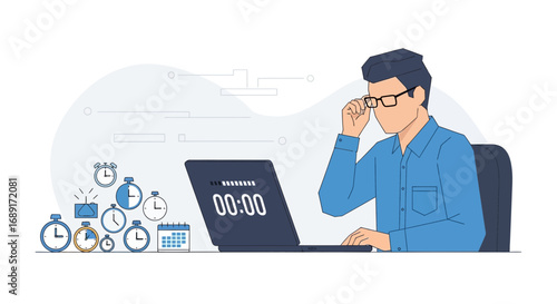 Illustration showcasing productivity time management with person working on laptop and clocks