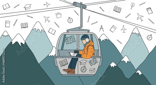 Illustrative depiction of a student in a cable car amidst mountains drawing and education symbols