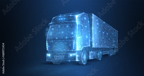 Truck. Abstract vector 3d heavy lorry van. Highway road. Isolated on blue.