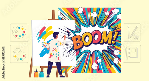 Illustrative depiction of an artist painting on a canvas with a dynamic boom background
