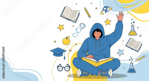 Illustrative student immersed in learning with books and scientific elements floating around him