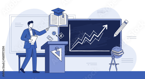 Lecturer Explaining Business Growth on Blackboard, Education and Training Concept