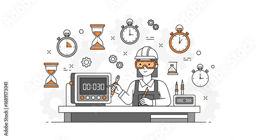 Line Art Illustration of Technician at Workbench with Time Measurement Tools in Background