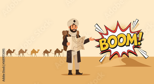 Lost in the desert: A funny cartoon illustration of a traveler with camels cartoon