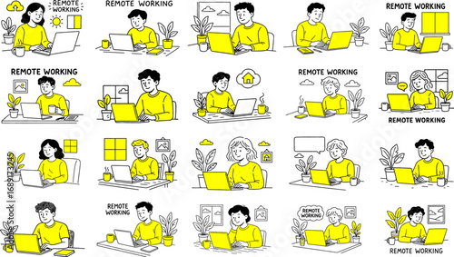 Work at home concept design set illustration.hand drawn style  Flat vector design. Freelance  Remote working working on laptop at house