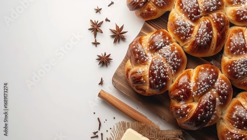 Freshly baked rolls on a wooden board, with spices and butter