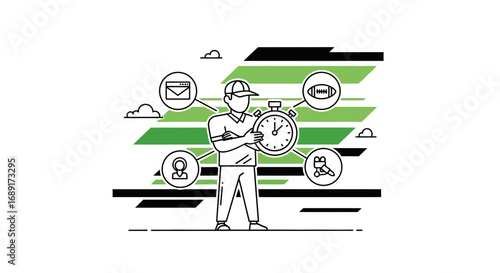 Man with a stopwatch surrounded by icons of email, football, users, and inlines skates presenting