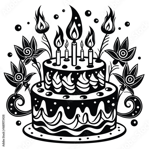 Black and white two tier cake with ornate floral elements and flames Keywords: birthday cake